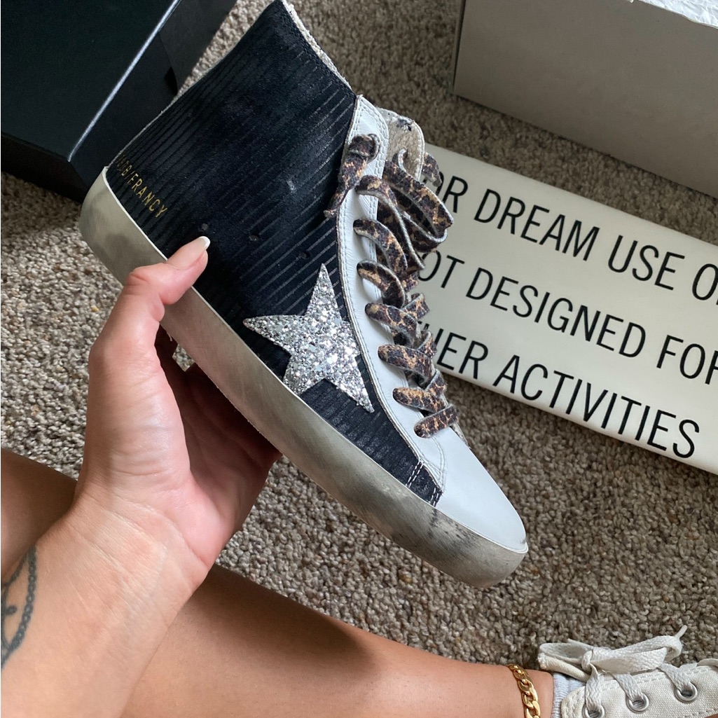 Golden Goose Francy Classic Black And White Glitter Star Sneakers